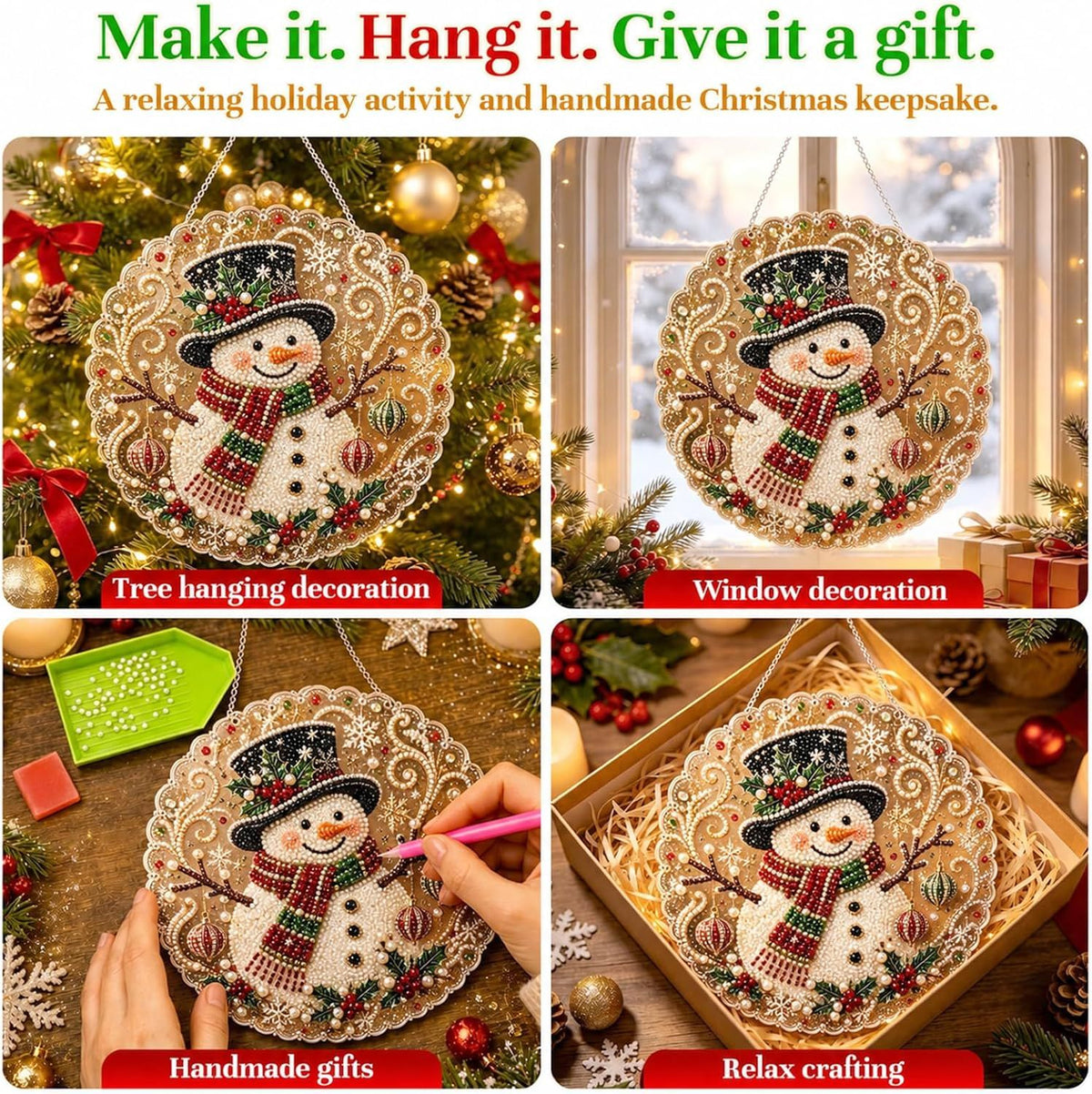 Christmas Pearl Diamond Art Painting Suncatch Kit,DIY Craft (8in) | Pre-Assembled Metal Chain,Acrylic Round Board with Lace Edge,3D Mixed-Sized Pearl Beads Craft,Festive Window Wall Decor (Snowman)