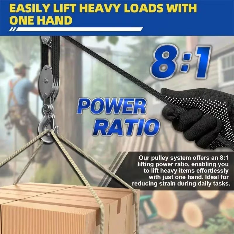 Heavy Duty 8:1 Block and Tackle Pulley System with Locking Swivel Hook, Adjustable Height Hoist with 65 FT 3/8 Inch Steel Cable for Lifting, Construction and Workshop