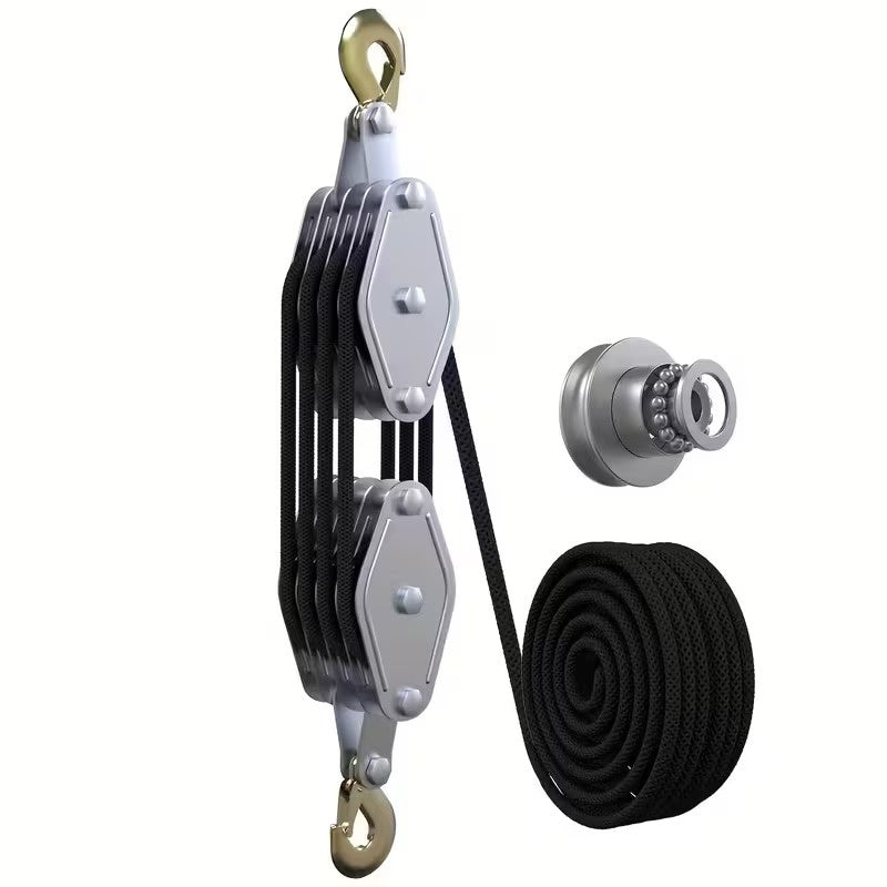 Heavy Duty 8:1 Block and Tackle Pulley System with Locking Swivel Hook, Adjustable Height Hoist with 65 FT 3/8 Inch Steel Cable for Lifting, Construction and Workshop