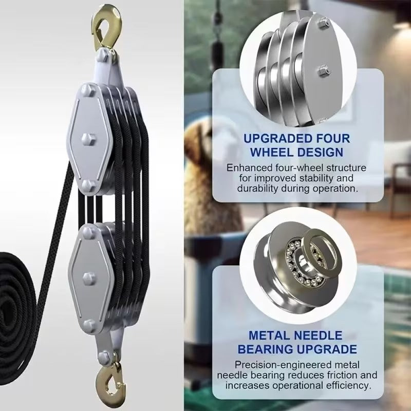 Heavy Duty 8:1 Block and Tackle Pulley System with Locking Swivel Hook, Adjustable Height Hoist with 65 FT 3/8 Inch Steel Cable for Lifting, Construction and Workshop