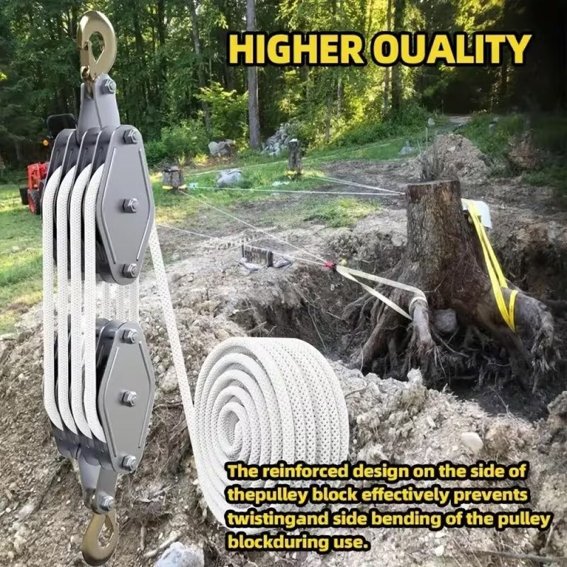 Heavy Duty 8:1 Block and Tackle Pulley System with Locking Swivel Hook, Adjustable Height Hoist with 65 FT 3/8 Inch Steel Cable for Lifting, Construction and Workshop