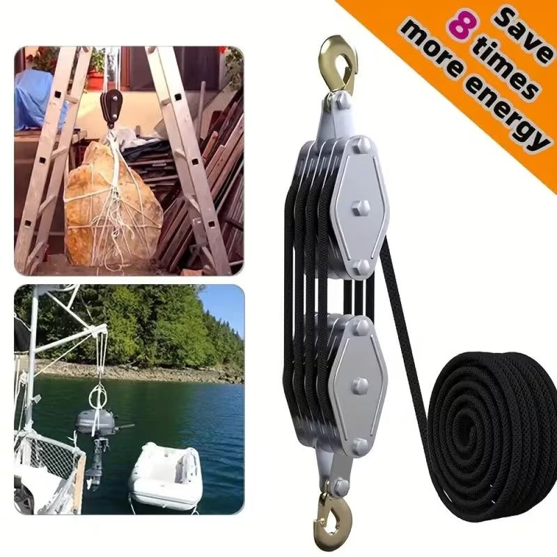 Heavy Duty 8:1 Block and Tackle Pulley System with Locking Swivel Hook, Adjustable Height Hoist with 65 FT 3/8 Inch Steel Cable for Lifting, Construction and Workshop