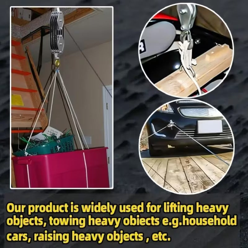 Heavy Duty 8:1 Block and Tackle Pulley System with Locking Swivel Hook, Adjustable Height Hoist with 65 FT 3/8 Inch Steel Cable for Lifting, Construction and Workshop