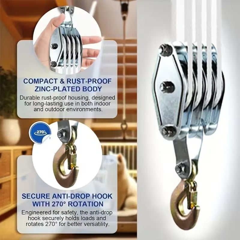 Heavy Duty 8:1 Block and Tackle Pulley System with Locking Swivel Hook, Adjustable Height Hoist with 65 FT 3/8 Inch Steel Cable for Lifting, Construction and Workshop