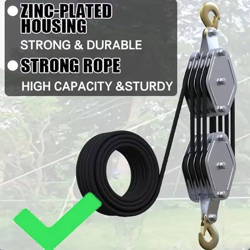 Heavy Duty 8:1 Block and Tackle Pulley System with Locking Swivel Hook, Adjustable Height Hoist with 65 FT 3/8 Inch Steel Cable for Lifting, Construction and Workshop