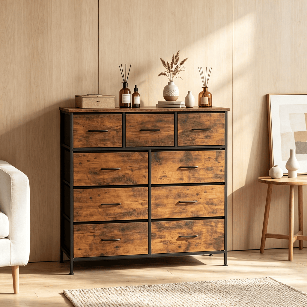 9-Drawer Fabric Dresser with Wooden Top for Bedroom Storage Organizer  for Clothes Toys And More