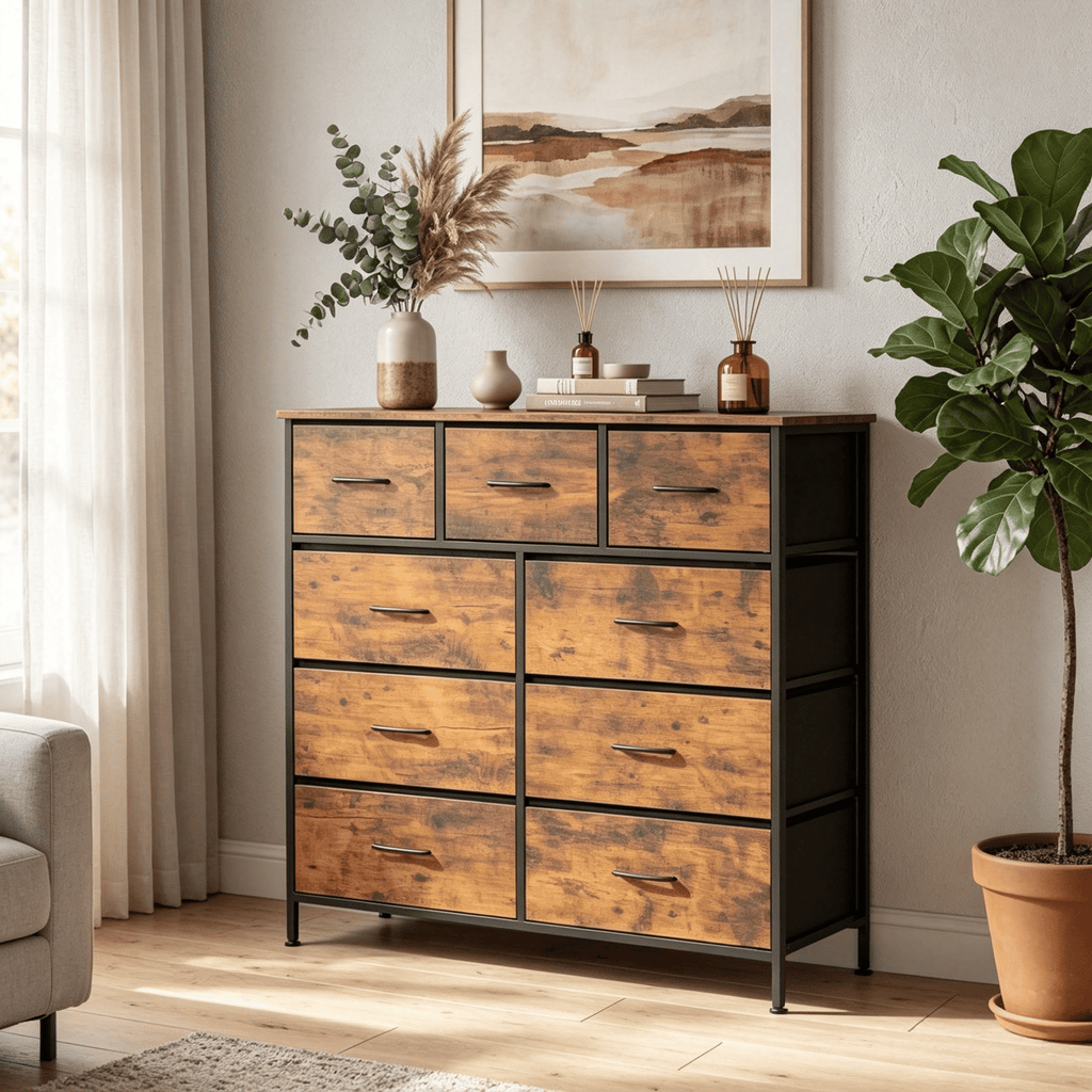 9-Drawer Fabric Dresser with Wooden Top for Bedroom Storage Organizer  for Clothes Toys And More