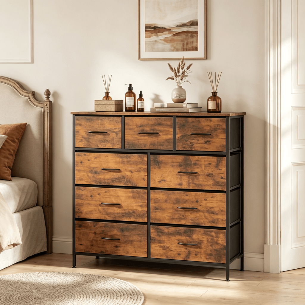9-Drawer Fabric Dresser with Wooden Top for Bedroom Storage Organizer  for Clothes Toys And More