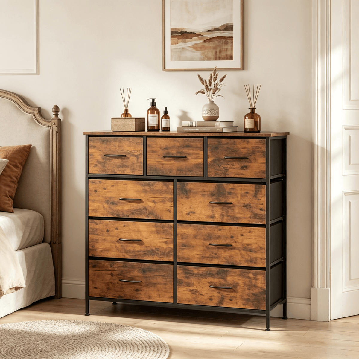 9-Drawer Fabric Dresser with Wooden Top for Bedroom Storage Organizer  for Clothes Toys And More