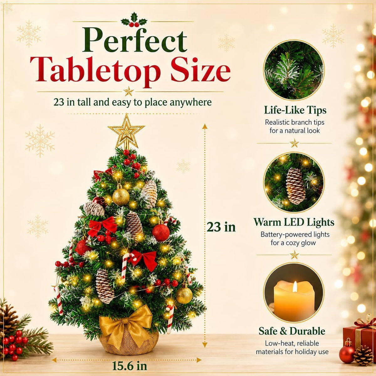 Small Christmas Tree with Lights, 23 in Mini Tabletop Tree Desk DecorStar Topper, Hanging Ornaments and Gift Boxes for Holiday Decor
