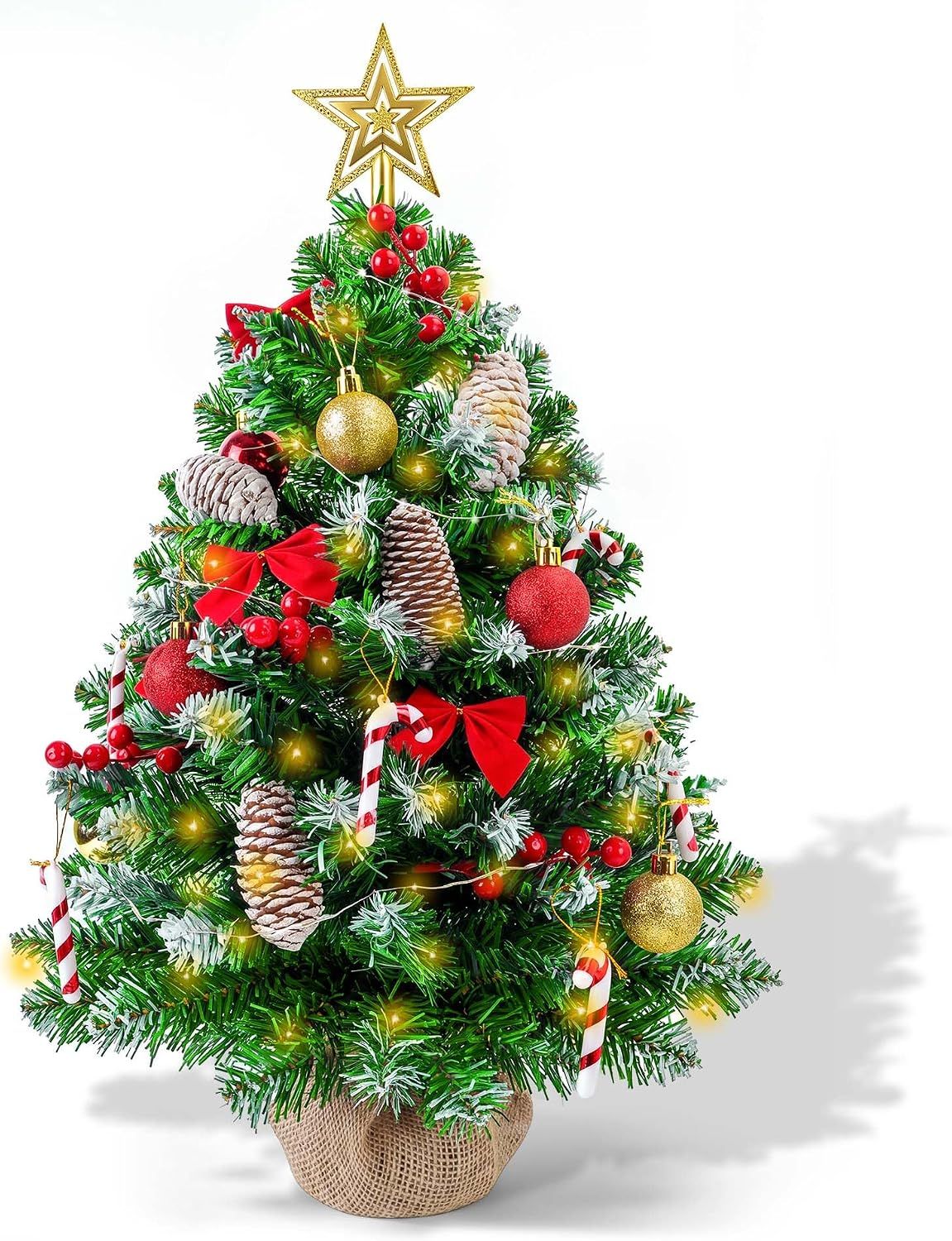 Small Christmas Tree with Lights, 23 in Mini Tabletop Tree Desk DecorStar Topper, Hanging Ornaments and Gift Boxes for Holiday Decor