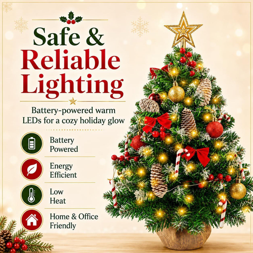 Small Christmas Tree with Lights, 23 in Mini Tabletop Tree Desk DecorStar Topper, Hanging Ornaments and Gift Boxes for Holiday Decor