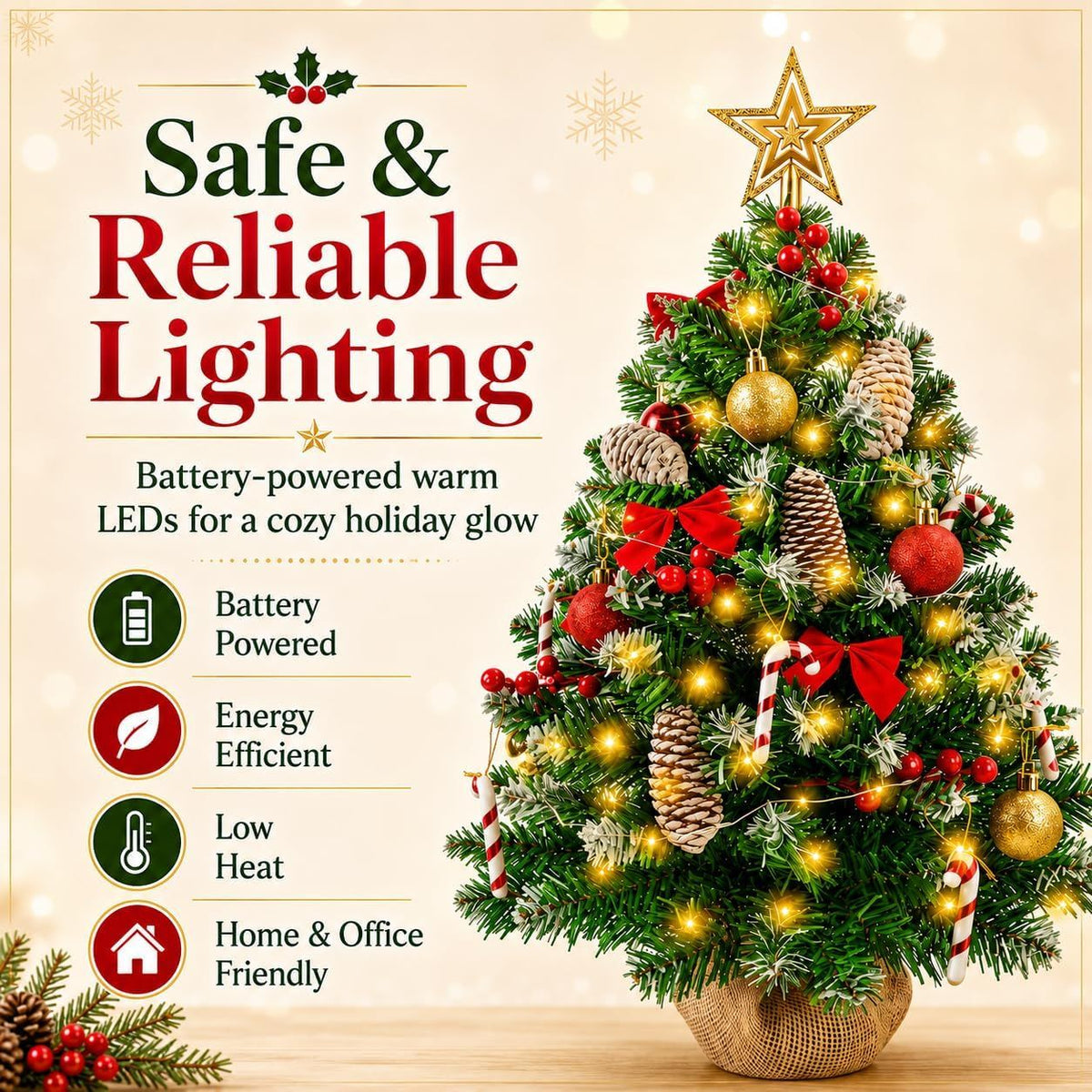 Small Christmas Tree with Lights, 23 in Mini Tabletop Tree Desk DecorStar Topper, Hanging Ornaments and Gift Boxes for Holiday Decor