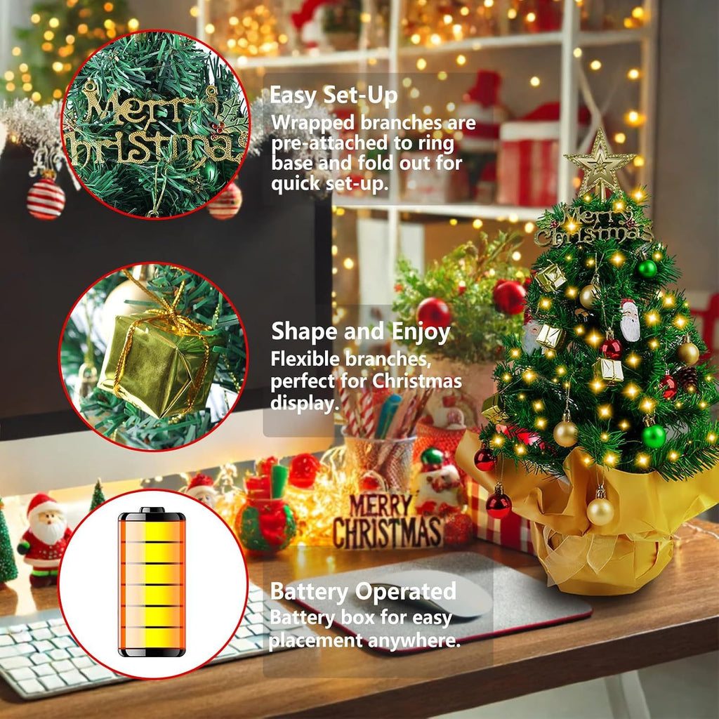Small Christmas Tree with Lights, 23 in Mini Tabletop Tree Desk DecorStar Topper, Hanging Ornaments and Gift Boxes for Holiday Decor