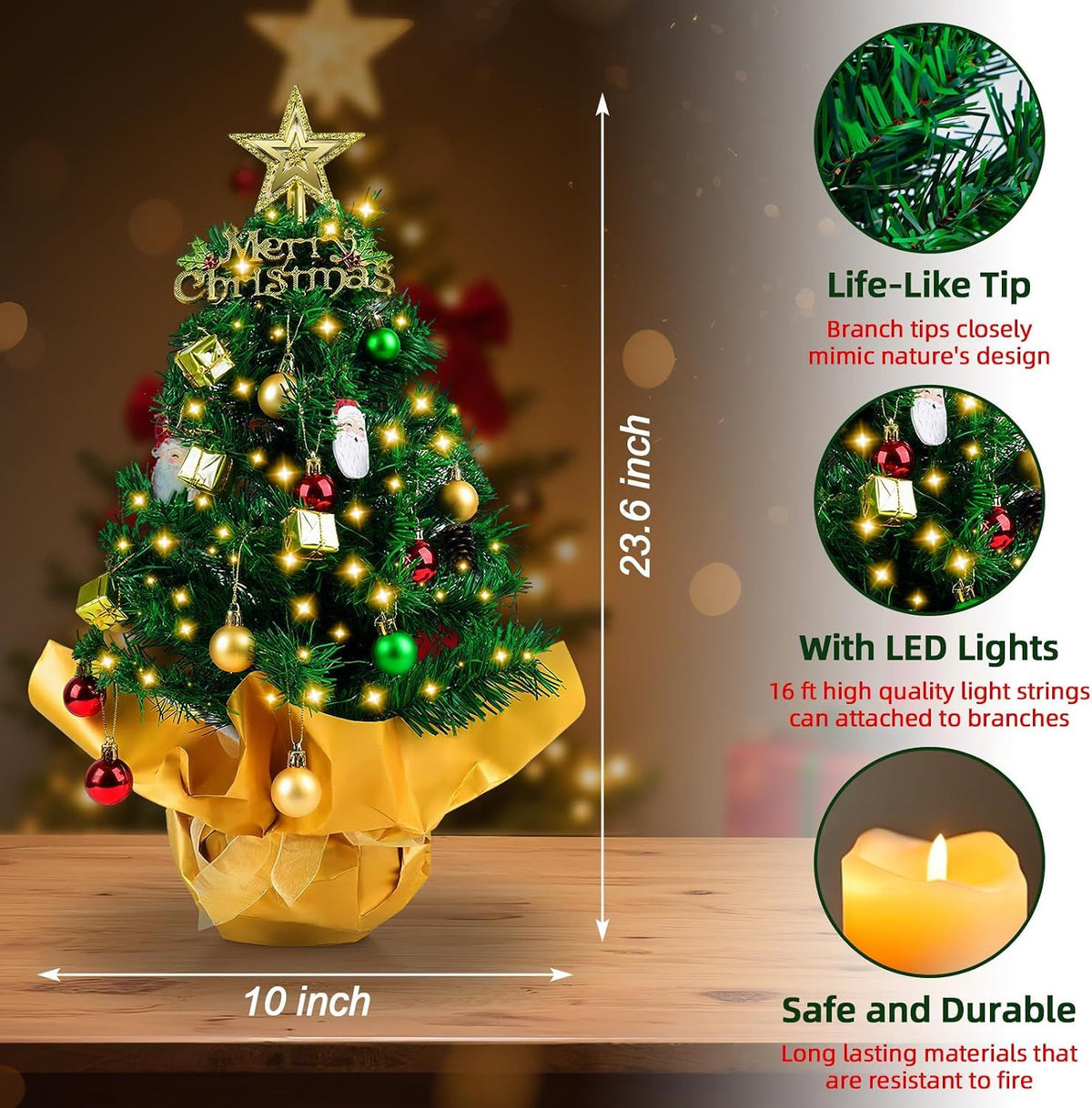 Small Christmas Tree with Lights, 23 in Mini Tabletop Tree Desk DecorStar Topper, Hanging Ornaments and Gift Boxes for Holiday Decor