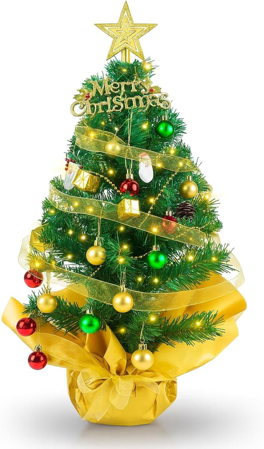 Small Christmas Tree with Lights, 23 in Mini Tabletop Tree Desk DecorStar Topper, Hanging Ornaments and Gift Boxes for Holiday Decor