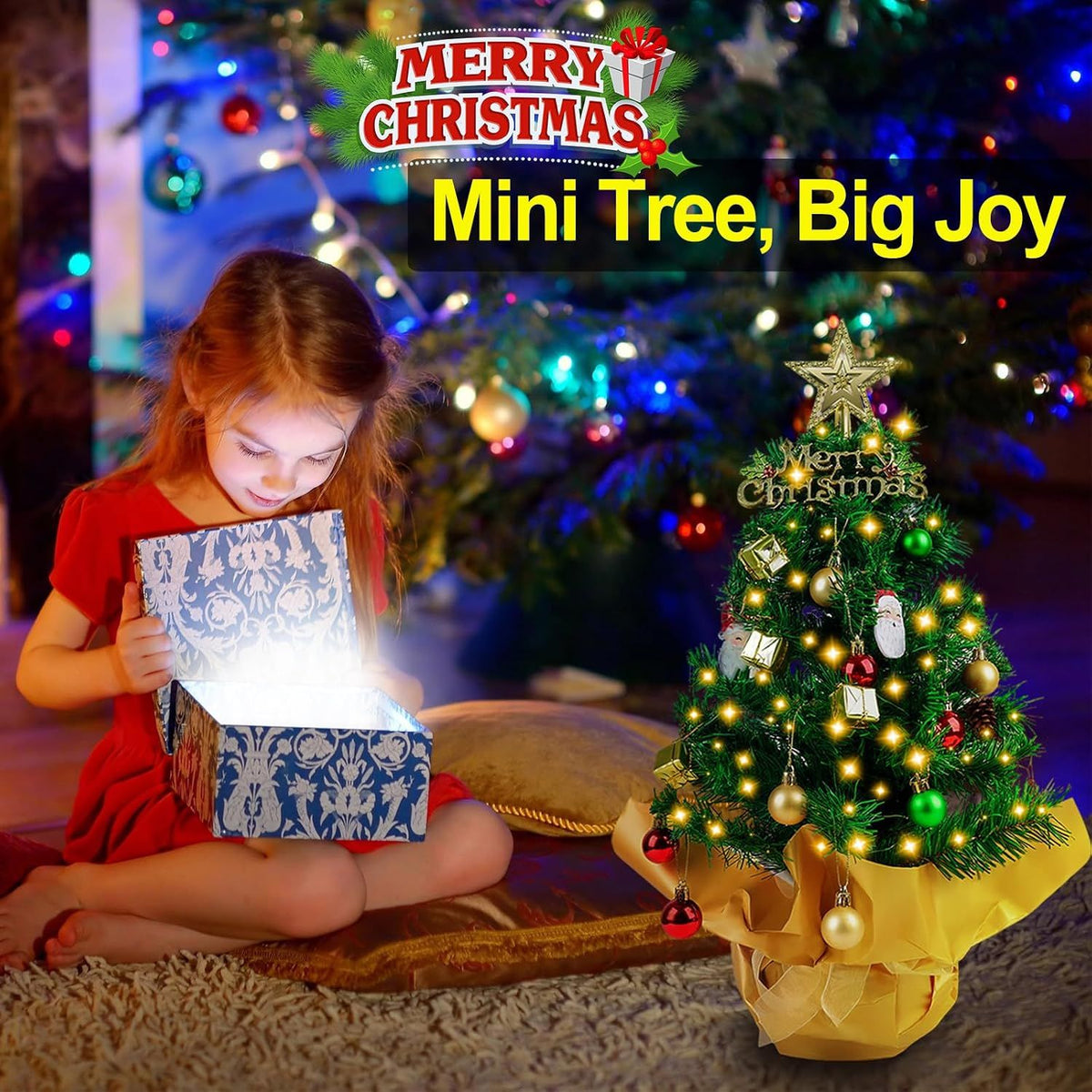 Small Christmas Tree with Lights, 23 in Mini Tabletop Tree Desk DecorStar Topper, Hanging Ornaments and Gift Boxes for Holiday Decor