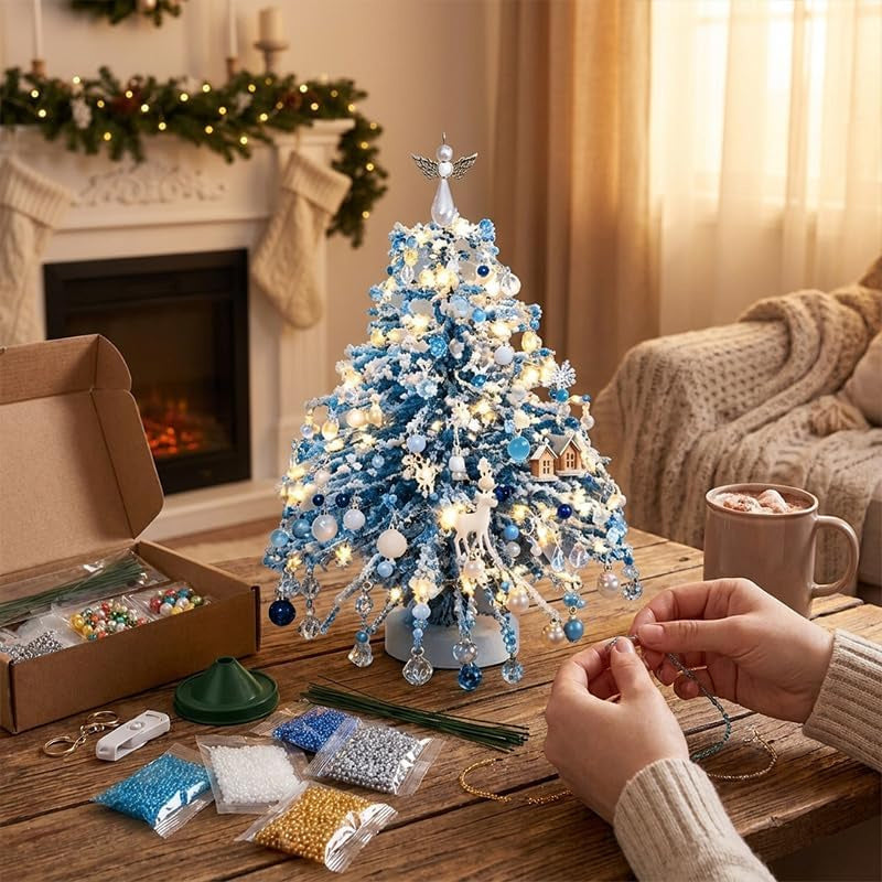 DIY Beaded Christmas Tree Set, Handmade Material Package for Adult Festivals | Colorful Beads, Decorative Pendants,Angel Tree Top Star, Warm Light Display, Desktop Decoration, Festival Gifts