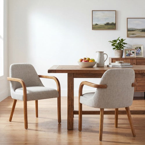 Set of 2 Mid-Century Beige Fabric Dining Chairs with Rubber Wood Legs , 250 lbs Capacity, Indoor Upholstered Armchairs