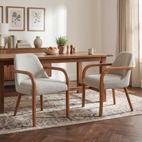 Set of 2 Mid-Century Beige Fabric Dining Chairs with Rubber Wood Legs , 250 lbs Capacity, Indoor Upholstered Armchairs