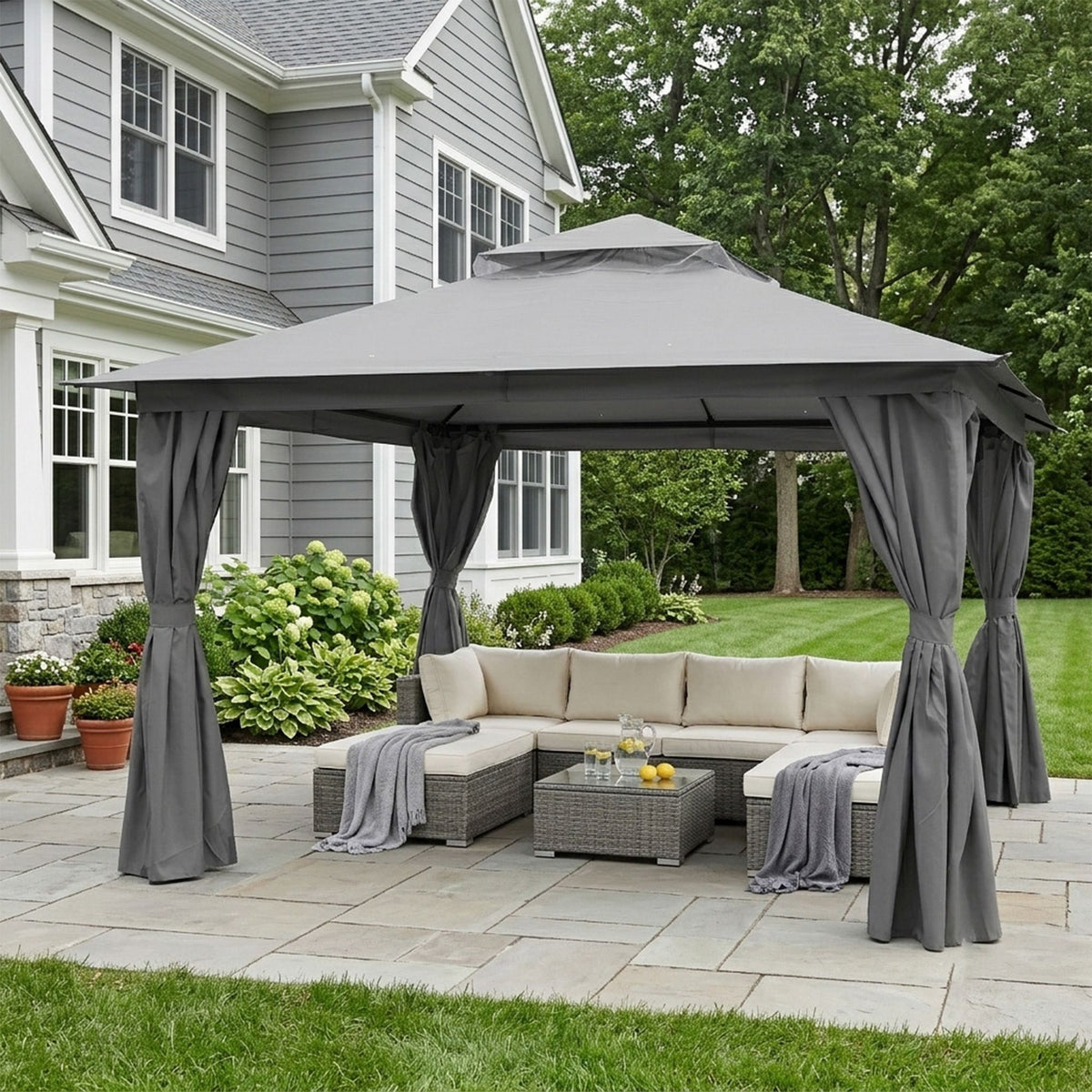 Outdoor Patio Gazebo, Roman Canopy Tent Shelter with Mosquito Netting and Privacy Sidewalls, PA-Coated Heavy Duty Frame for Backyard Garden, Gray