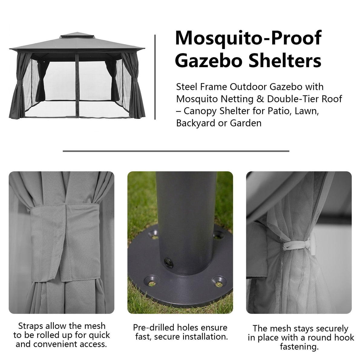 Outdoor Patio Gazebo, Roman Canopy Tent Shelter with Mosquito Netting and Privacy Sidewalls, PA-Coated Heavy Duty Frame for Backyard Garden, Gray