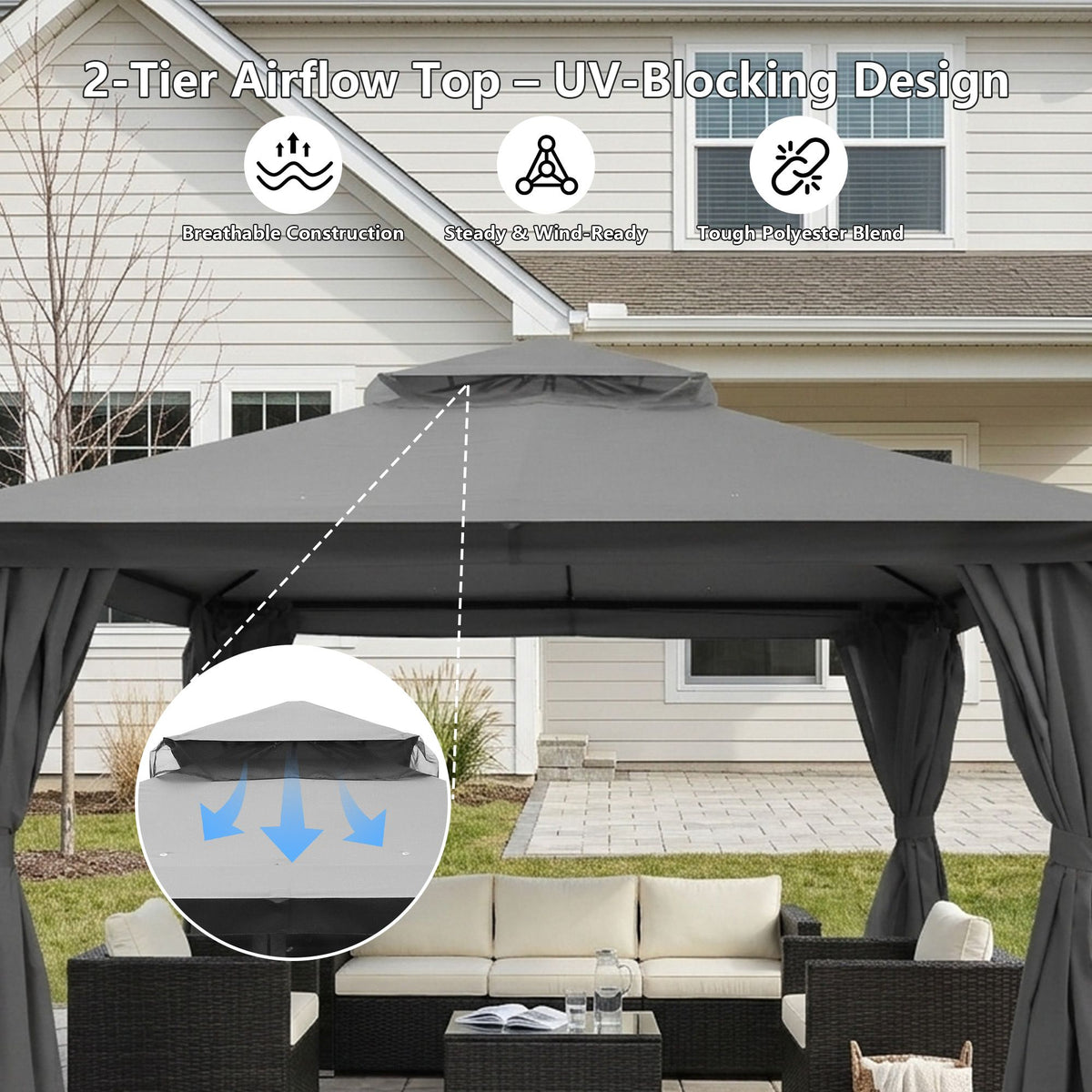 Outdoor Patio Gazebo, Roman Canopy Tent Shelter with Mosquito Netting and Privacy Sidewalls, PA-Coated Heavy Duty Frame for Backyard Garden, Gray