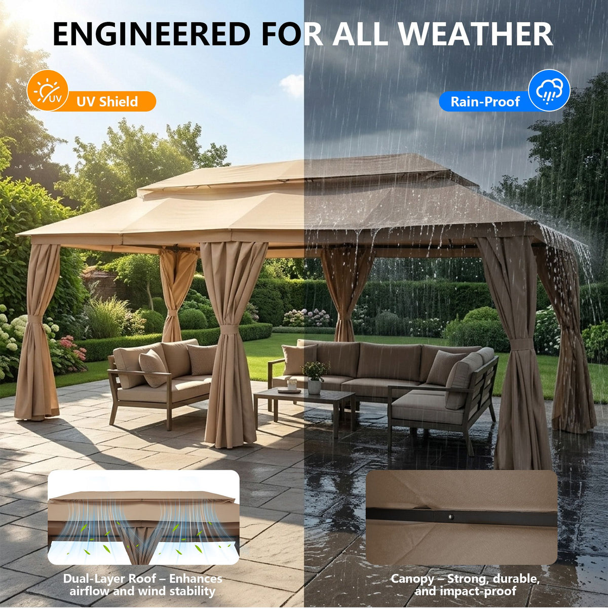Outdoor Patio Gazebo, Roman Canopy Tent Shelter with Mosquito Netting and Privacy Sidewalls, PA-Coated Heavy Duty Frame for Backyard Garden, Gray