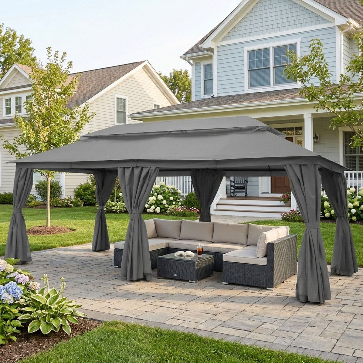 Outdoor Patio Gazebo, Roman Canopy Tent Shelter with Mosquito Netting and Privacy Sidewalls, PA-Coated Heavy Duty Frame for Backyard Garden, Gray