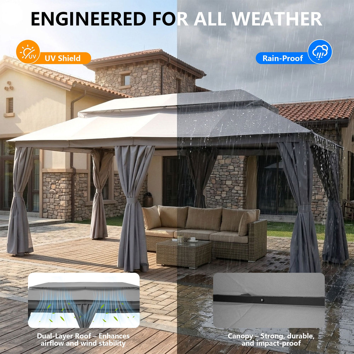 Outdoor Patio Gazebo, Roman Canopy Tent Shelter with Mosquito Netting and Privacy Sidewalls, PA-Coated Heavy Duty Frame for Backyard Garden, Gray