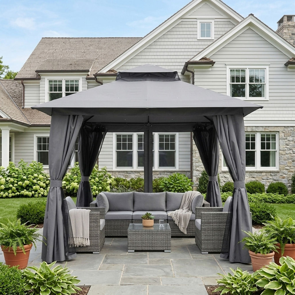 Outdoor Patio Gazebo, Roman Canopy Tent Shelter with Mosquito Netting and Privacy Sidewalls, PA-Coated Heavy Duty Frame for Backyard Garden, Gray