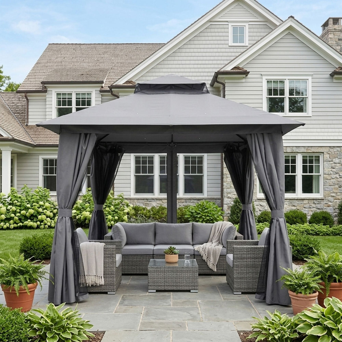 Outdoor Patio Gazebo, Roman Canopy Tent Shelter with Mosquito Netting and Privacy Sidewalls, PA-Coated Heavy Duty Frame for Backyard Garden, Gray