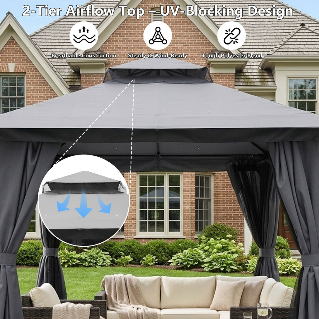 Outdoor Patio Gazebo, Roman Canopy Tent Shelter with Mosquito Netting and Privacy Sidewalls, PA-Coated Heavy Duty Frame for Backyard Garden, Gray
