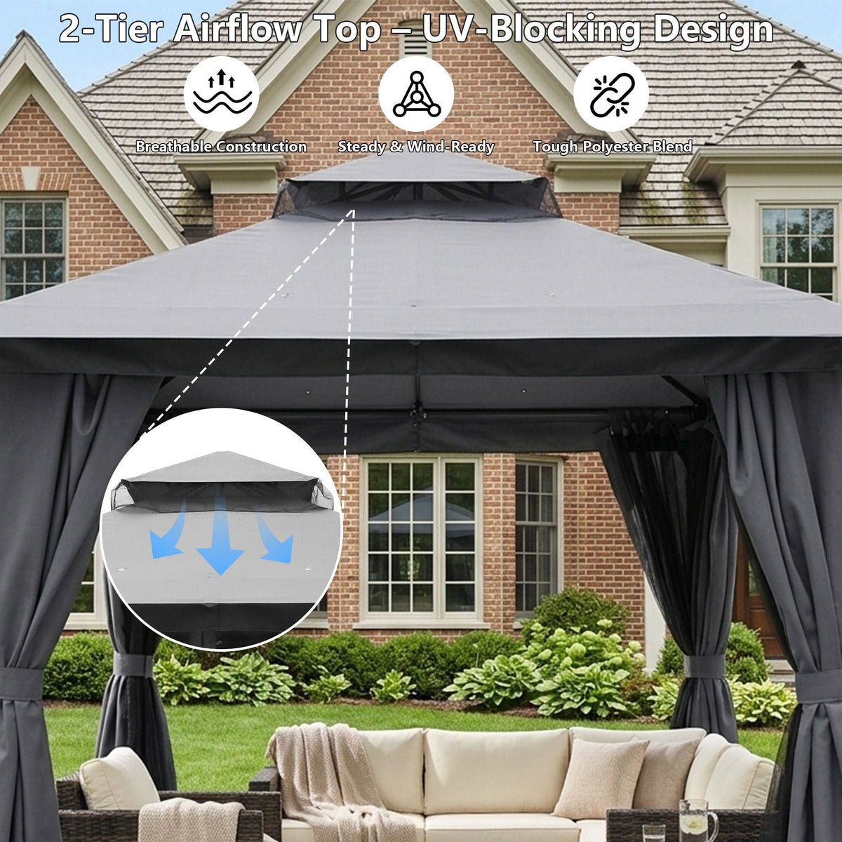 Outdoor Patio Gazebo, Roman Canopy Tent Shelter with Mosquito Netting and Privacy Sidewalls, PA-Coated Heavy Duty Frame for Backyard Garden, Gray