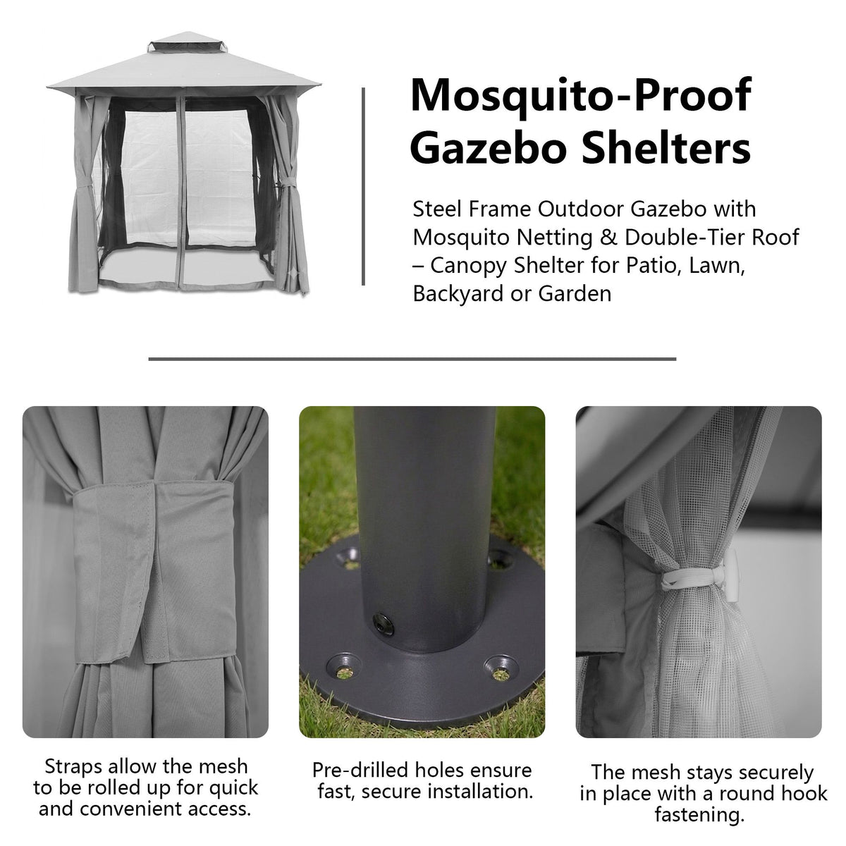 Outdoor Patio Gazebo, Roman Canopy Tent Shelter with Mosquito Netting and Privacy Sidewalls, PA-Coated Heavy Duty Frame for Backyard Garden, Gray