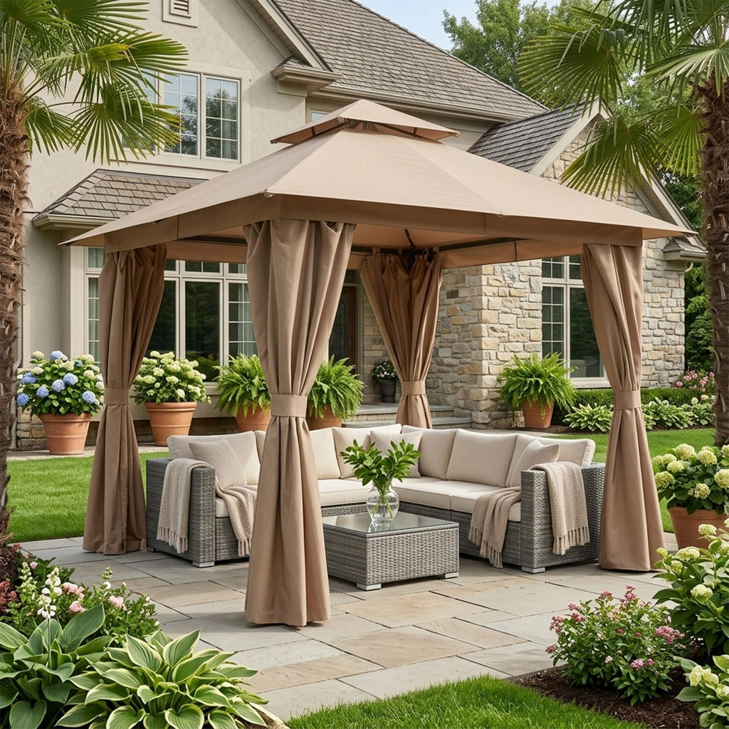 Outdoor Patio Gazebo, Roman Canopy Tent Shelter with Mosquito Netting and Privacy Sidewalls, PA-Coated Heavy Duty Frame for Backyard Garden, Gray