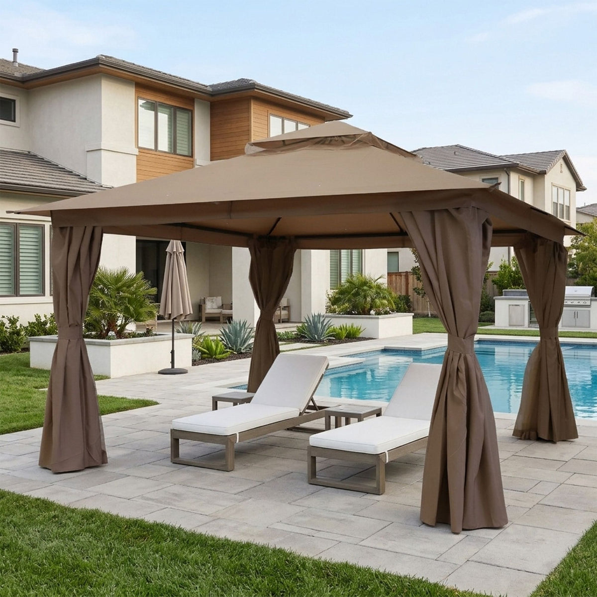 Outdoor Patio Gazebo, Roman Canopy Tent Shelter with Mosquito Netting and Privacy Sidewalls, PA-Coated Heavy Duty Frame for Backyard Garden, Gray