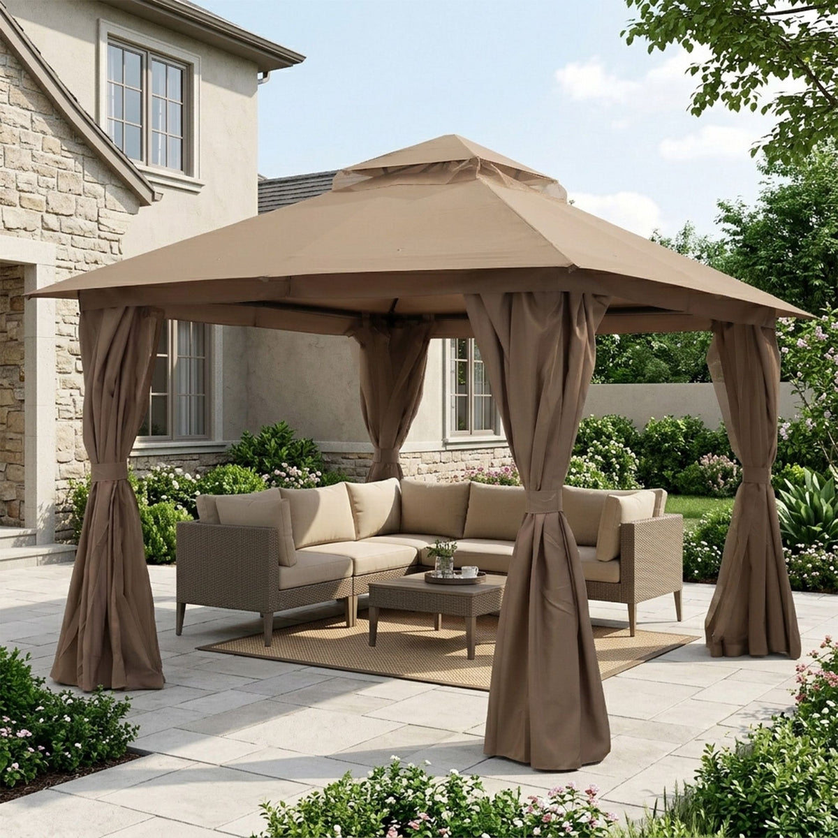Outdoor Patio Gazebo, Roman Canopy Tent Shelter with Mosquito Netting and Privacy Sidewalls, PA-Coated Heavy Duty Frame for Backyard Garden, Gray