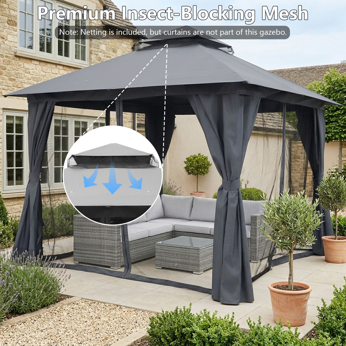 Outdoor Patio Gazebo, Roman Canopy Tent Shelter with Mosquito Netting and Privacy Sidewalls, PA-Coated Heavy Duty Frame for Backyard Garden, Gray