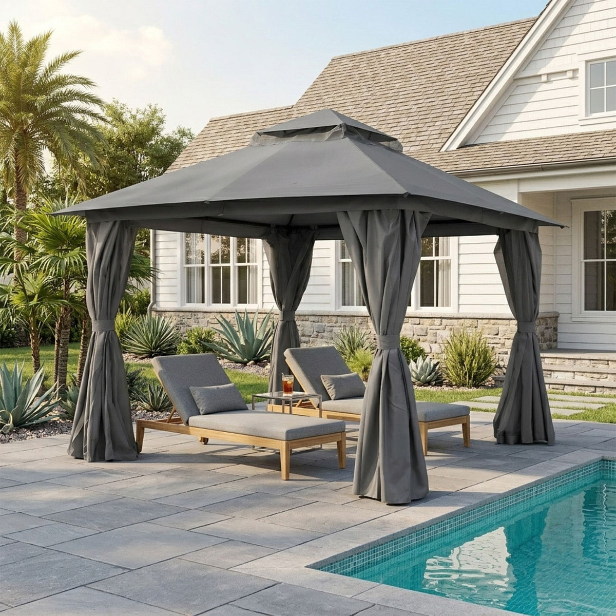 Outdoor Patio Gazebo, Roman Canopy Tent Shelter with Mosquito Netting and Privacy Sidewalls, PA-Coated Heavy Duty Frame for Backyard Garden, Gray
