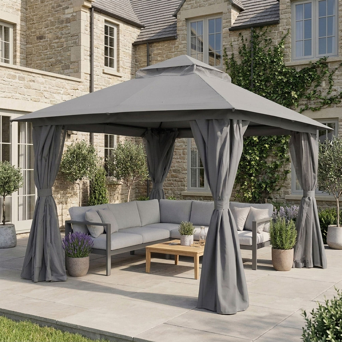 Outdoor Patio Gazebo, Roman Canopy Tent Shelter with Mosquito Netting and Privacy Sidewalls, PA-Coated Heavy Duty Frame for Backyard Garden, Gray