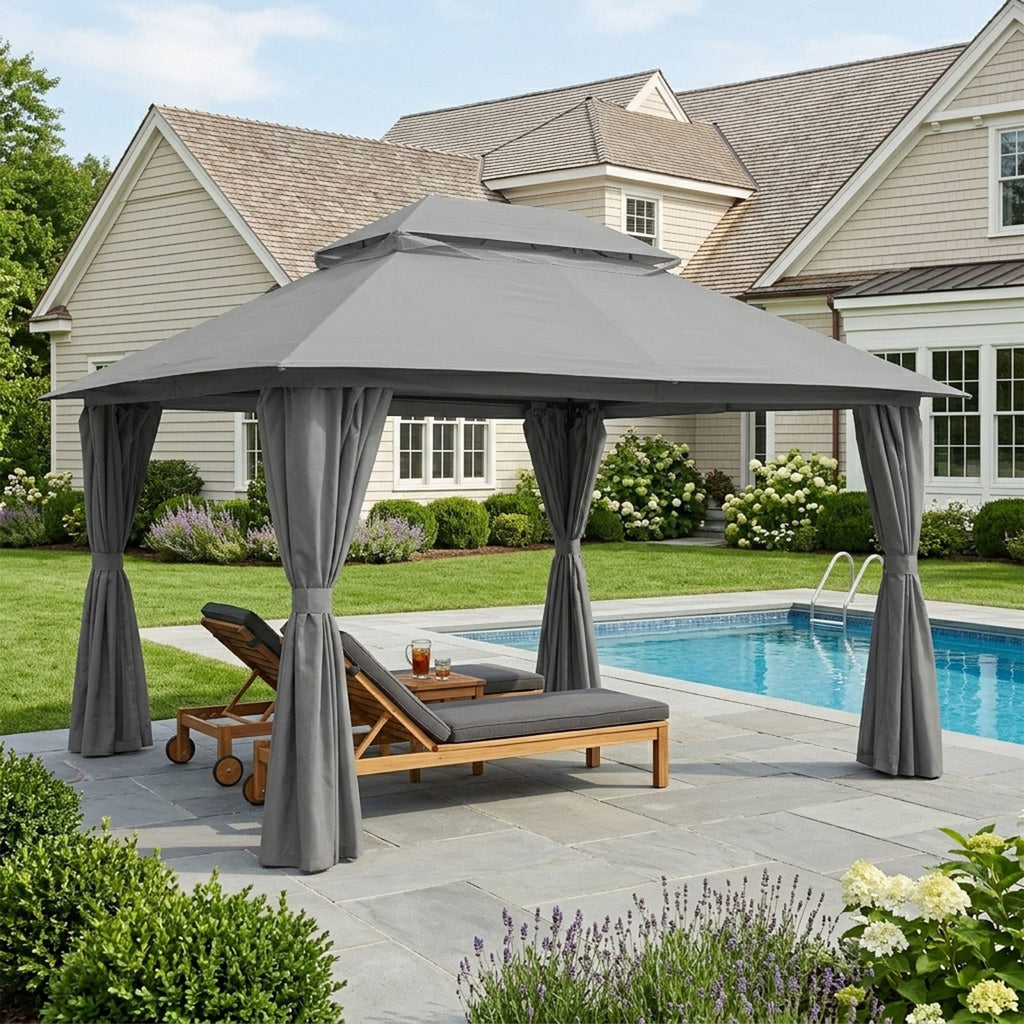 Outdoor Patio Gazebo, Roman Canopy Tent Shelter with Mosquito Netting and Privacy Sidewalls, PA-Coated Heavy Duty Frame for Backyard Garden, Gray