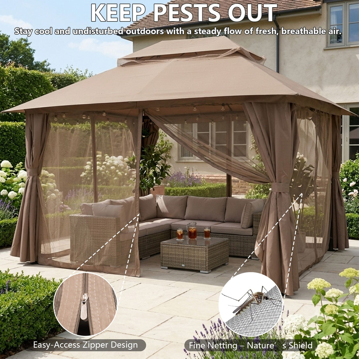 Outdoor Patio Gazebo, Roman Canopy Tent Shelter with Mosquito Netting and Privacy Sidewalls, PA-Coated Heavy Duty Frame for Backyard Garden, Gray