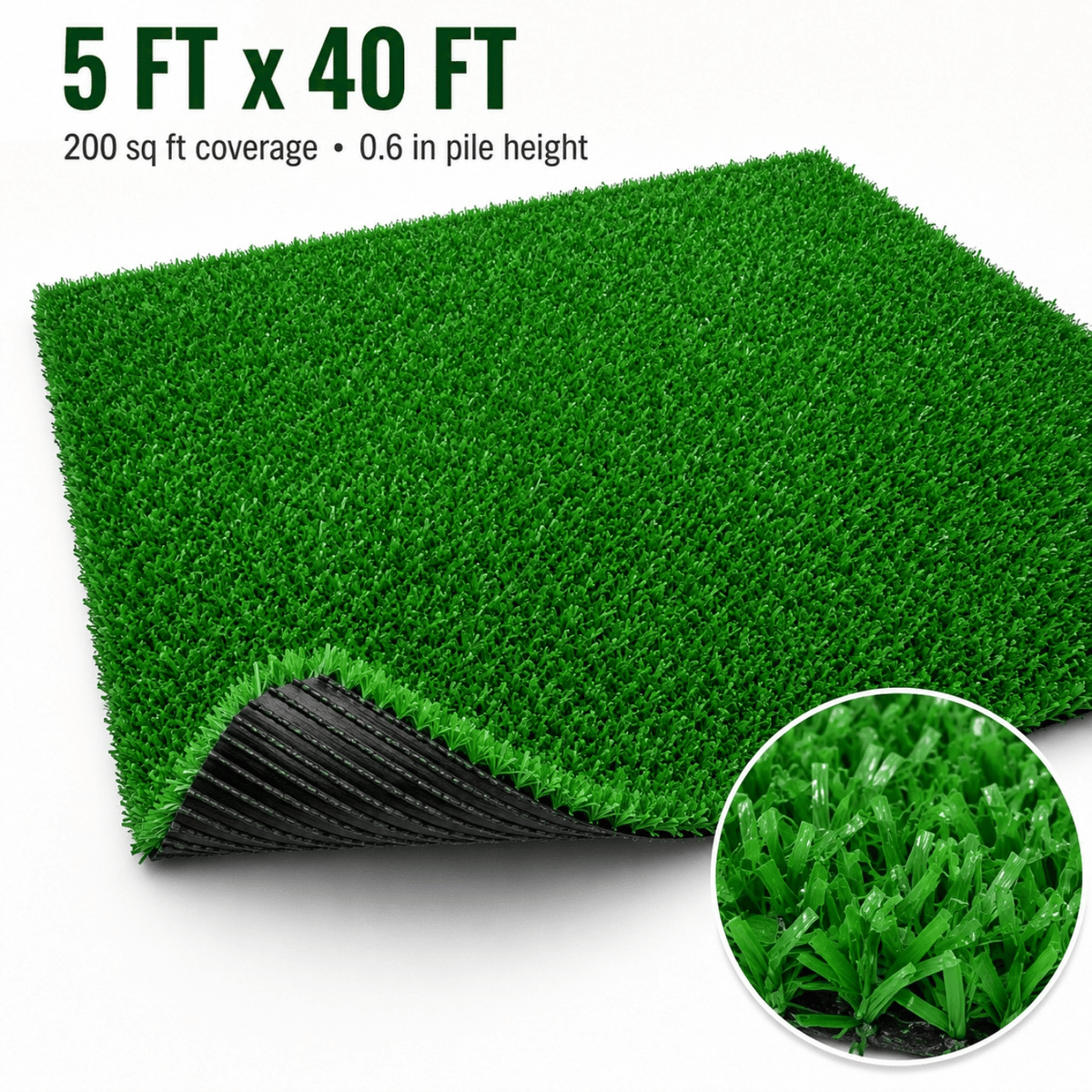 5FT*40FT Artificial Turf, Mat with Drainage Holes. Thick Fake Grass with Rubber Backing, Ideal for Indoor/Outdoor Pet Areas, Garden, Lawn, Patio & Balcony Decor(Grass height 0.6 inches/1.5cm)