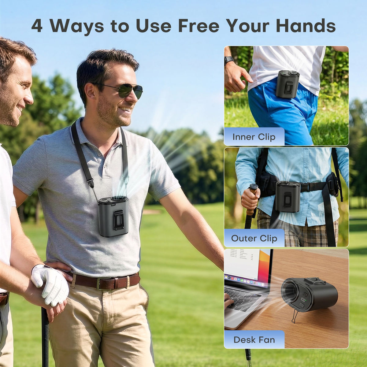 FS012 Portable Waist Fan with Neck Strap & Desktop Stand · 100 Speeds · 20000 RPM · Rechargeable ·Grey