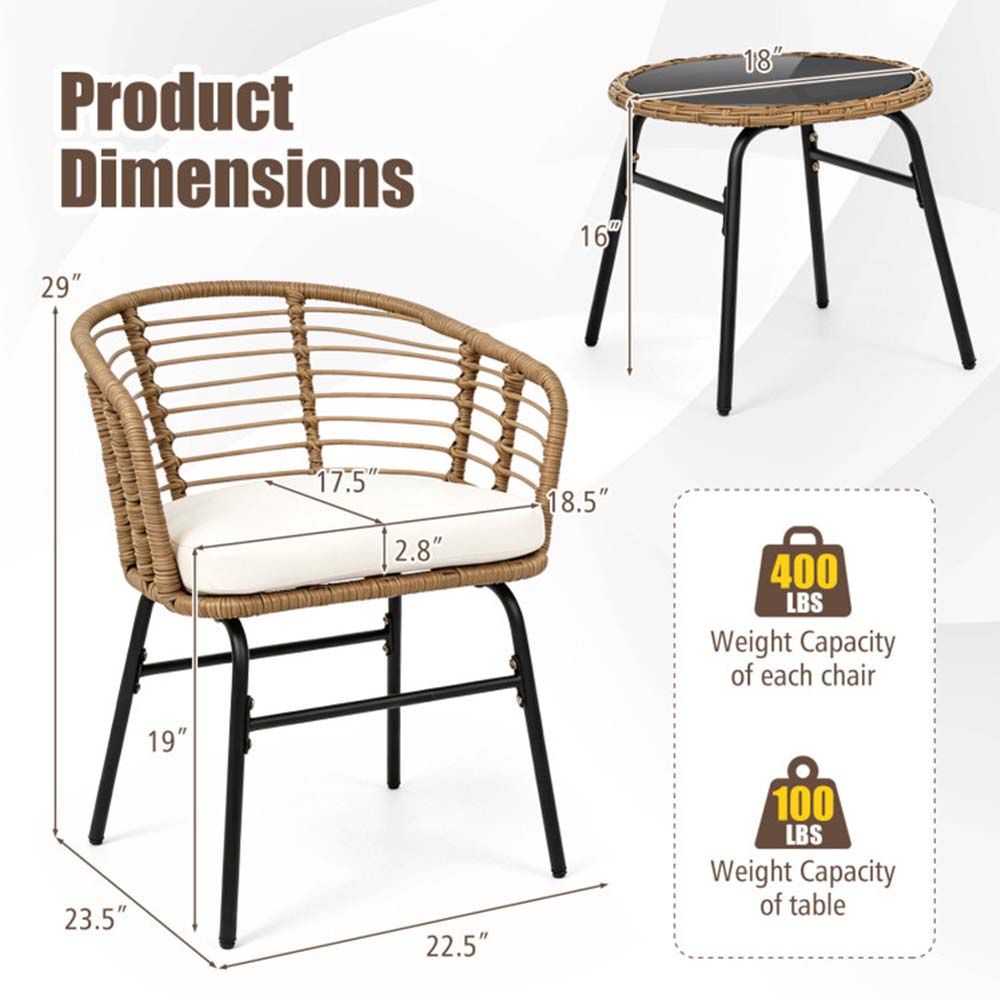 3 Pieces Outdoor Patio Furniture Set with Soft Cushions