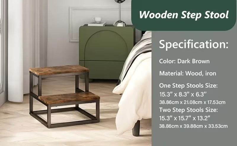 2 Step Stool for Adults, Heavy Duty Wooden Step Stool, Portable 2 Step Ladder for High Bed, Bathroom, Bedroom and Kitchen, Multi Purpose Small Household Step Stool