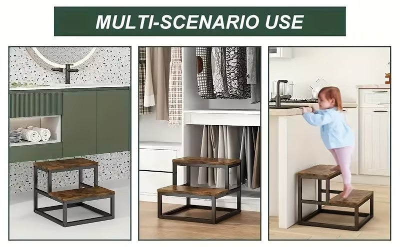 2 Step Stool for Adults, Heavy Duty Wooden Step Stool, Portable 2 Step Ladder for High Bed, Bathroom, Bedroom and Kitchen, Multi Purpose Small Household Step Stool