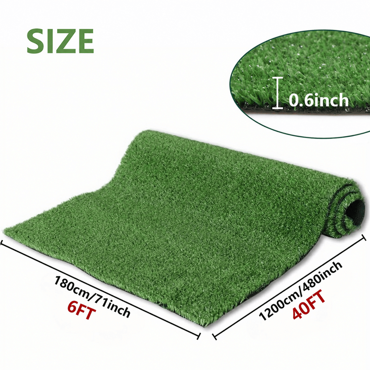 6FT*40FT Artificial Turf, Mat with Drainage Holes. Fake Grass with Rubber Backing, Ideal for Indoor/Outdoor Pet Areas, Garden, Lawn, Patio & Balcony Decor(Grass height 0.6 inches/1.5cm)