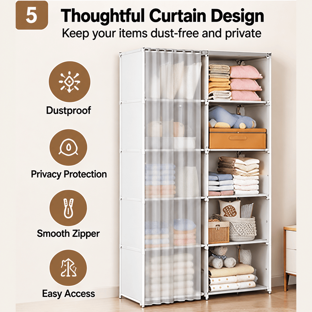 5-Tier Portable Wardrobe Closet, Large Capacity Clothes Organizer with Sturdy Steel Frame, Dust Cover, Freestanding Storage for Bedroom & Apartment